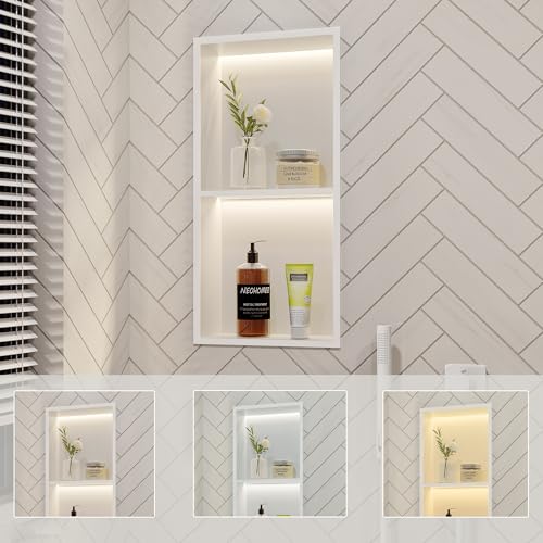White 2-Tier 3 CCT LED Niche, 12"x24" No-Tile Shower Storage | shower niche with 3-Temperature LED Strip Light (4000K/6000K/3000K),Waterproof, Sturdy&Durable,304 Stainless Steel Wall Niche - color: White, size: 12X24In