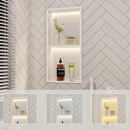 White 2-Tier 3 CCT LED Niche, 12"x24" No-Tile Shower Storage | shower niche with 3-Temperature LED Strip Light (4000K/6000K/3000K),Waterproof, Sturdy&Durable,304 Stainless Steel Wall Niche - color: White, size: 12X24In