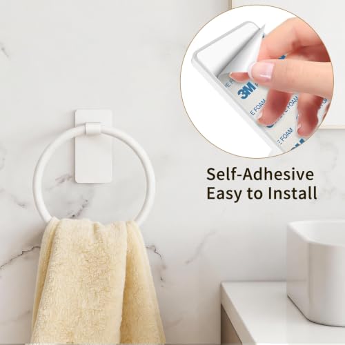 STWWO Hand Towel Holder Adhesive, Round Towel Ring for Bathroom RV, White | for Bath RV Kitchen, Self Adhesive Wall Mounted, No-Drill Stick On Renter Friendly - color: White