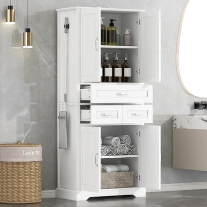 JIVOIT 70" Tall Bathroom Storage Cabinet with 4 Doors and 3 Drawers | Freestanding Linen Tower, Adjustable Shelves, MDF Board White Bathroom Organizer, Aluminum Alloy Hook, Space-Saving - color: White//56