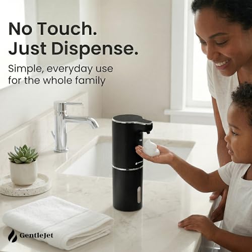 GentleJet JetFoam Automatic Foam Soap Dispenser Touchless Sensor, USB-C Rechargeable, Adjustable Output, IPX5 Waterproof, 300 ml, Bathroom & Kitchen Countertop - color: Black