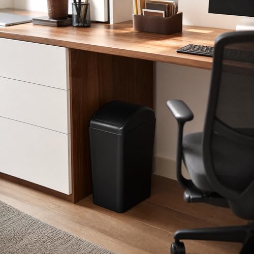 Slim Trash Can, 4.2 Gallon Black Swing Lid Garbage Bin | Space-Saving Narrow Design, Black Plastic, Swing-Top Cover Helps Contain Odors, for Bathroom, Bedroom, Office - color: Black