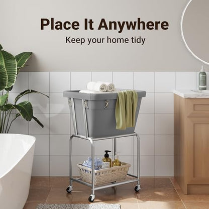 ELYKEN Rolling Laundry Hamper with Wheels, Removable Bag, Laundry Cart | Heavy Duty Metal Frame, 2-Tier Clothes Basket with Shelf, Ideal for Closet, Bedroom, Bathroom & Laundry Room - color: Gray, size: 20.3"L x 15.9"W x 30.9"H