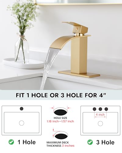 Midanya Waterfall Bathroom Faucet 1 Hole,Brushed Gold | with 24” Hoses,Pop Up Drain,6” Deck Plate,for 1 or 3 Hole Vanity,Lavatory,RV,Single Handle Bathroom Sink Faucet,NSF Certified - color: Light Gold