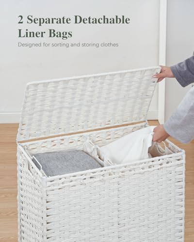 SETVSON Laundry Hamper with Lid, 112 L Handwoven Rattan, Cloud White | 2-Section Large Basket, 2 Removable Liner Bags, 3.34-In Heightened Metal Feet, 6 Mesh Laundry Bags, Side Handles - color: Cloud White, size: 112 L - 29.6 gal