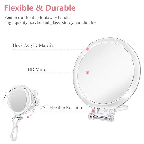 Cheftick Double Sided Hand Held Makeup Mirror, Adjustable Folding Handle | 1X & 7X Magnifying, Distortion-free & HD, Portable, Transparent & Round (6") Handheld Mirror for Women & Men, Makeup, Shaving