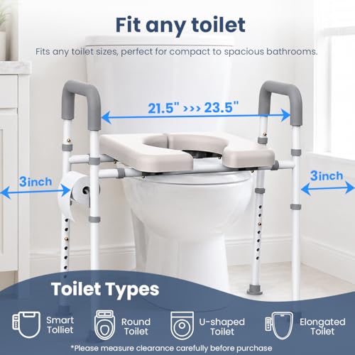 Raised Toilet Seat with Handles - Toilet Seat Riser for Seniors with Adjustable Width & Height, 400 lbs Elevated Toilet Seat Riser for Handicap, Disabled and Pregnant, Fit Any Toilet-Grey
