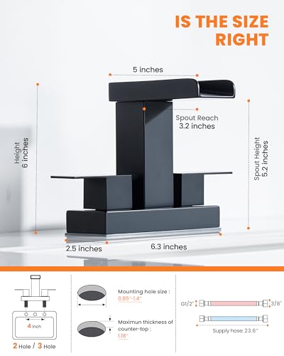 Waterfall Bathroom Faucet 2 or 3 Holes, Matte Black Bathroom Sink Faucet, 4 Inch Centerset Faucets, 2 Handles Waterfall Vanity Faucets, Pop Up Drain Assembly Included - color: Matte Black