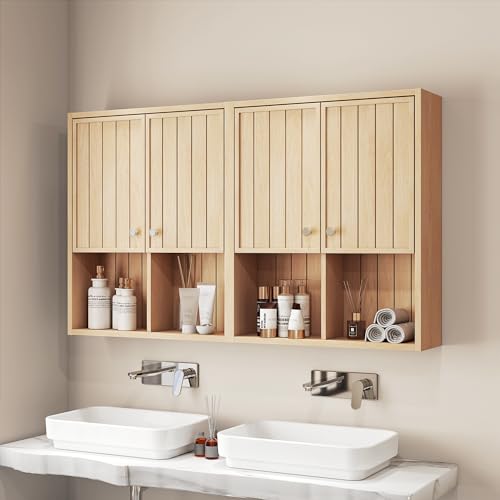 Bathroom Storage Cabinet Wall Mounted, Pre-Assembled Medicine Cabinet with 2 Doors, Slim Hanging Wall Cabinet Over The Toilet for Small Spaces, Modern Farmhouse Style,Natural Oak