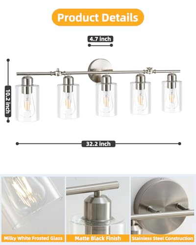 5-Light Bathroom Light Fixtures, Brushed Nickel Vanity Lights for Bathroom - color: Brushed Nickel, size: 5 Light - 1 pack