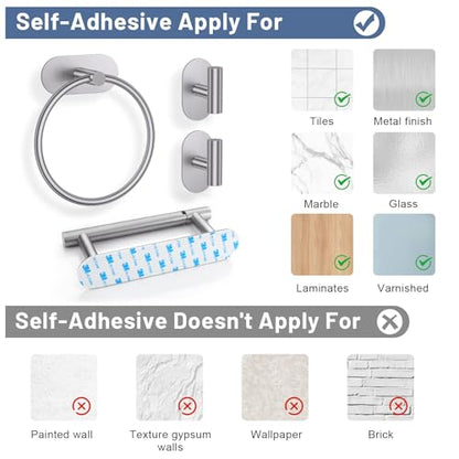Self Adhesive Brushed Nickel Toilet Paper Holder Towel Holder for Bathroom Wall, No Drilling Bathroom Hardware Set, SUS304 Stainless Steel Towel Ring Hand Towel Holder for Bathroom, Kitchen - color: Brushed Nickel