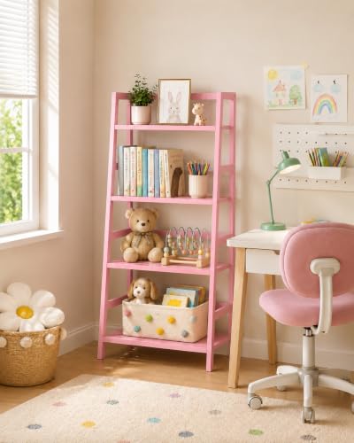 Bamboo Ladder Bookshelf, 4-Tier Ladder Shelf Open Book Shelf Freestanding Bookcase Bathroom Storage Rack Plant Stand for Living Room, Bedroom, Office, Easy Assembly, Pink - color: Pink