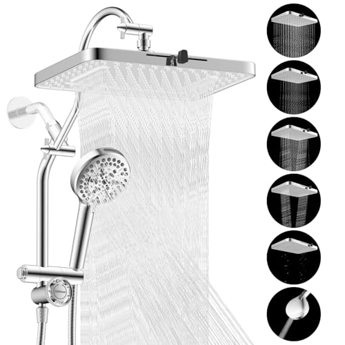 Hibbent 5-spray Dual Filtered White Rain Shower Head, 10 Spray Handheld | Shower Heads with Handheld 10-Spray Combo, All Metal Easy Reach 4-way Diverter Extension Arm, 71'' Hose & Holder, Chrome - color: White, style: Square 13"
