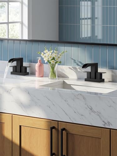 FORIOUS Waterfall Bathroom Sink Faucet 4 Inch Centerset 2 Pack Matte Black | Bathroom Faucets 2 or 3 Hole 4 Inch Two Handles with Pop-up Drain and 24" Supply Lines, for Vanity RV Farmhouse Laundry Room - color: Matte Black x 2