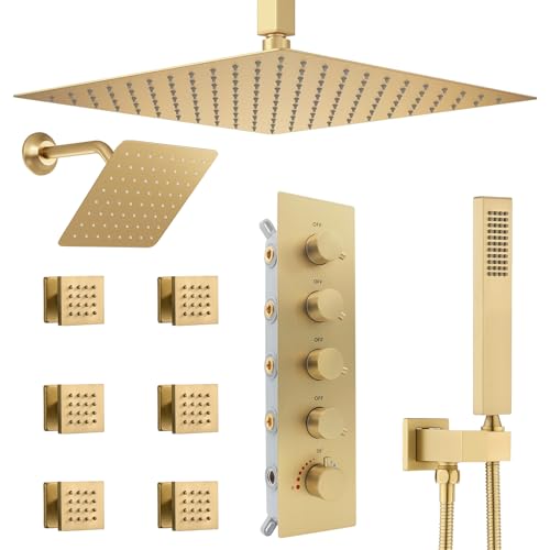 Thermostatic Shower System Dual Shower Heads with 16" Ceiling Mounted Rain Shower Head & 6" Wall Mounted Head 4 Function Shower System with body jets Can All Run Together, Brushed Gold - color: Brushed Gold, style: 16 inch +6 jets