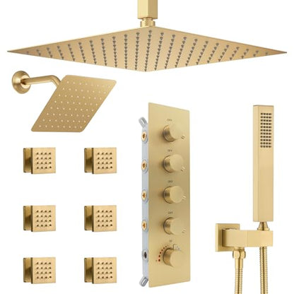 Thermostatic Shower System Dual Shower Heads with 16" Ceiling Mounted Rain Shower Head & 6" Wall Mounted Head 4 Function Shower System with body jets Can All Run Together, Brushed Gold - color: Brushed Gold, style: 16 inch +6 jets