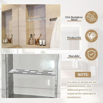 12 Inch Shower Niche Shelf Brushed 316 Stainless Steel Finish Tile Insert | Rectangular Shelf for 12 Inch Tile Prefabricated Niches, Fits 1/8 Inch Grout Lines, Shower Niche Insert Brushed 316 Stainless - size: 316 Stainless Steel - Silver