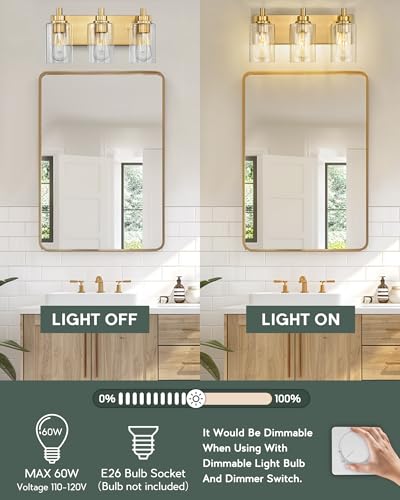 3-Light Brushed Gold Bathroom Vanity Light, Clear Cylinder Glass | 16.5" modern bathroom light fixtures over mirror, E26 base, bulbs not included, VL143-BG-3 - color: Brushed Gold, Cylinder Glass Shade, size: 3-light