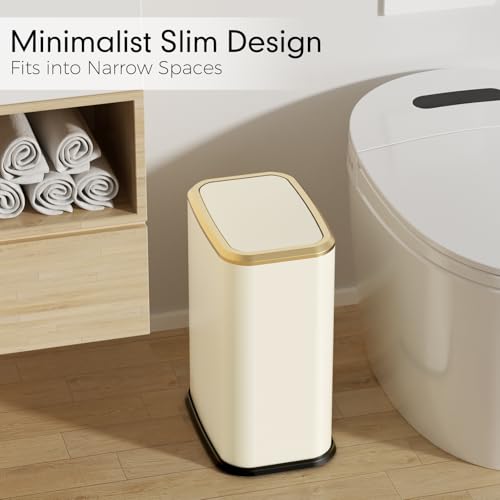 Bathroom Trash Can with Lid 8L/2.1 Gallon Beige Trash Can Small Garbage Can with Swing Top Lid Slim Stainless Steel Garbage Can with 100 Counts Trash Bags for Bathroom Bedroom Kitchen Office Toilet - color: Beige, size: Swing-Lid Trash Can