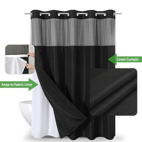 eachope No Hooks Needed Linen Textured Shower Curtain with Snap-in Fabric Liner Set,Black Hotel Luxury Decor Shower Curtains for Bathroom with Mesh Top Window,Waterproof & Washable,71Wx74H | 230GSM Thick Fabric,Hotel Luxury Decor,Mesh Top Window,Waterproo