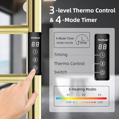 P&Dlusir EL13 Heated Towel Rack, Polished Gold, 10 Bar | Fast Heat in 2 Min, Smart Timer, Thermo Control, Memory Functoion, Stainless Steel, Hard-Wired/Plug-in - color: Polished Gold, size: 21.65"W x 39.37"H