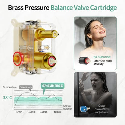 SR SUN RISE 12" Shower Faucet Set with Shower Slide Bar,Brushed Gold | High Pressure Shower Head,6-Spray Setting,16"Adjustable Shower Slide Bar,Soild Brass,Wall Mount,Included Valve and Trim Kit - color: Brushed Gold