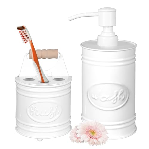 Autumn Alley Kids Bathroom Accessories Set – 2-Piece White Soap Dispenser & Toothbrush Holder, Farmhouse Bathroom Countertop Organizer for Kids, Durable Metal Bathroom Set with Wood Handle - color: White