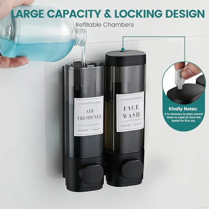 Wall Mounted Shower Soap Dispenser 2 Chamber No Drill Shampoo Dispenser | Shower Dispenser for Bathroom Hotel Leak-Proof Pumps ,Large Capacity ,Black - color: 2black
