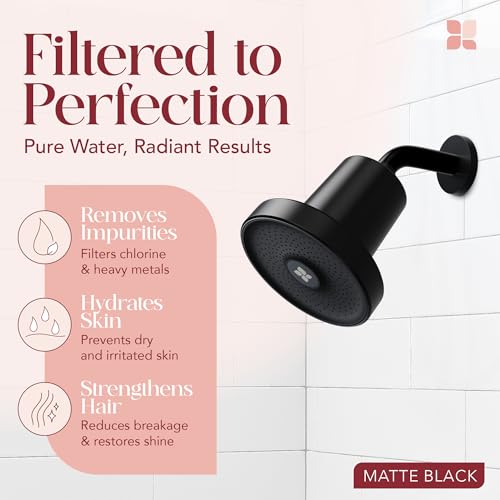 Shower Filter Head for Hard Water Improves Skin, Hair, and Nails - Large, High Output Filtered Shower Head with Filter Softens Water and Removes Chlorine and Heavy Metals, Matte Black