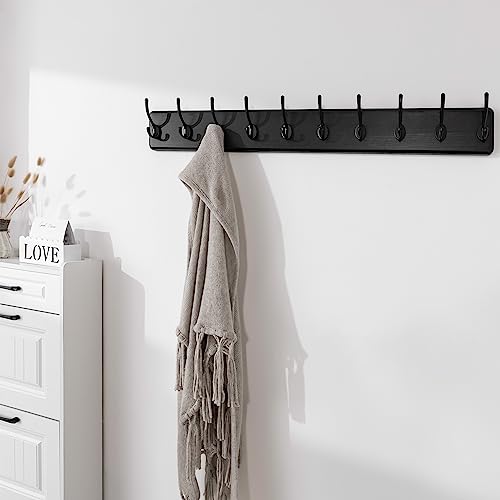 SKOLOO Rustic Wall Mounted Coat Rack, Case of 2, Pine Solid Wood Coat Hook Hanger - 10 Hooks for Hanging Clothes Robes Towels Coats - color: Black Plate & Black Hook, size: 2 Item-10 Hooks