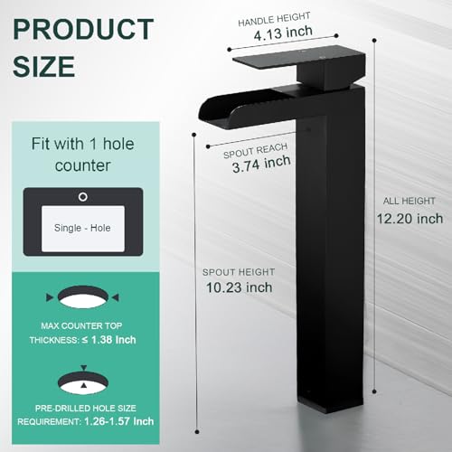 Black Tall Waterfall Bathroom Faucet, Single Hanlde Vessel Sink Faucet with Waterfall Spout, Bathroom Faucets for 1 Hole, RV Lavatory Vanity Mixer Bar Tap with Pop Up Drain and Hoses KMBF015B | Bathroom Faucets for RV Lavatory Vanity Mixer Bar Tap with Po