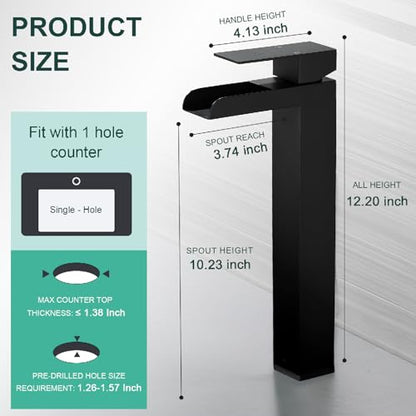 Black Tall Waterfall Bathroom Faucet, Single Hanlde Vessel Sink Faucet with Waterfall Spout, Bathroom Faucets for 1 Hole, RV Lavatory Vanity Mixer Bar Tap with Pop Up Drain and Hoses KMBF015B | Bathroom Faucets for RV Lavatory Vanity Mixer Bar Tap with Po