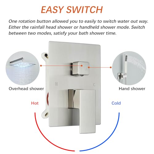 Brushed Nickle Shower System 12 Inch LED Rainfall Shower Head Brass Handheld Combo Set Bathroom Rain Shower Mixer Shower Rough-in Valve Body and Trim Included