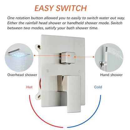 Brushed Nickle Shower System 12 Inch LED Rainfall Shower Head Brass Handheld Combo Set Bathroom Rain Shower Mixer Shower Rough-in Valve Body and Trim Included