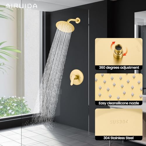 Airuida Shower Faucet Set,6 Inch Brushed Gold Shower Trim Kit | Round Rainfall Shower Head,Single Handle,Male Threads Rough-in Valve,Wall Mount Bathroom System - color: Gold, size: 6 Inch