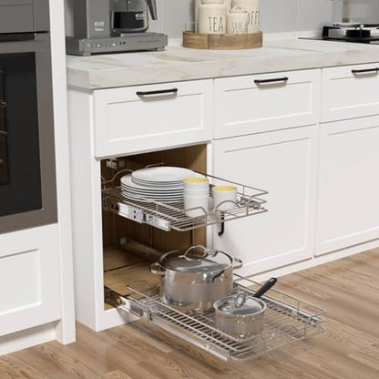 OCG 2 Tier Pull Out Cabinet Organizer (18.5" W x 18" D), Pull Out Drawers for Kitchen Cabinets, Pull Out Shelves for Base Cabinet Organization in Kitchen Bathroom Pantry, Chrome Finish - size: 18.5"W x 18"D, 2 Tier