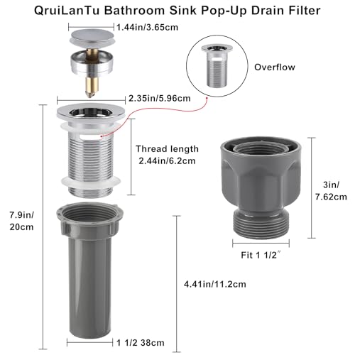 1 1/2" Bathroom Sink Pop-Up Drain Filter, Clog-Proof Filter, Sink Assembly with Overflow Outlet, Stainless Steel Sink Drain Plug（with Overflow Hole） - size: There are holes