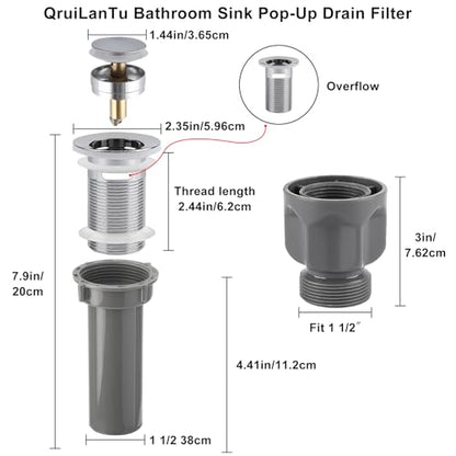 1 1/2" Bathroom Sink Pop-Up Drain Filter, Clog-Proof Filter, Sink Assembly with Overflow Outlet, Stainless Steel Sink Drain Plug（with Overflow Hole） - size: There are holes