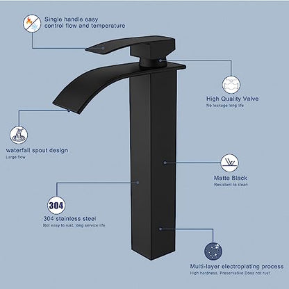 RUMOSE Tall Bathroom Faucet Vessel Sink Faucet with Drain, Matte Black | Modern Single Handle One Hole Bathroom Faucet Waterfall Rv Lavatory Vanity Faucet Mixer Tap, Pop Up Drain, Stainless Steel - color: Matte Black
