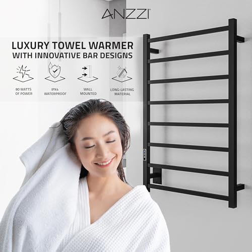 ANZZI Bell 8-Bar Wall Mounted Towel Warmer in Matte Black, Energy Efficient 80W Electric Plug in Heated Towel Rack for Bathroom, Steel Towel Heater Rail On/Off Switch Drying Rack, TW-AZ026MBK - color: Black