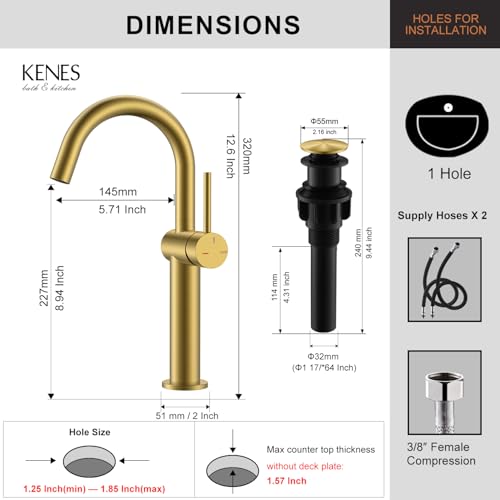 Brushed Gold Tall Bathroom Faucet, Single Handle Vessel Sink Faucet | Vessel Bowl Faucet with Pop Up Drain & Supply Lines, Lead-Free cUPC & NSF Certified, 1 Hole Faucet for Vanity RV Restroom - color: Brushed Gold, size: Tall