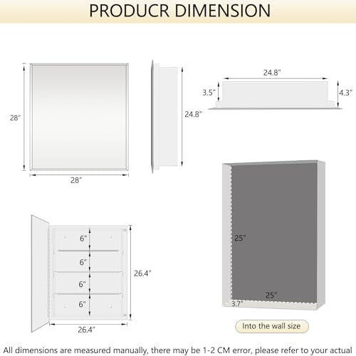 Bathroom Medicine Cabinet with 28x28 in Square Beveled Frameless Mirror,Wall Mounted Mirror Cabinet for Bathroom Toilet Kitchen,Recess or Surface Mount - size: FMG-CM7005-2828