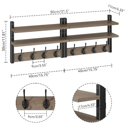 YMYNY Double Shelf Coat Rack Wall Mount with 8 Hooks, Silver Gray HWS009Y-2 | Wooden Coat Hanger Key Holder Wall Mount for Coats Hats Keys - Wood Wall Mounted Coat Rack with Shelf for Entryway & Bathroom - color: Silver Gray