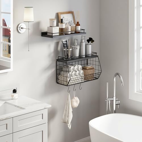 Bathroom Shelves Over Toilet Wall Mounted Floating Shelves with Wire Basket and Hooks Metal Shelf Organizer for Bathroom, Bedroom, Living Room, Kitchen, Home Storage