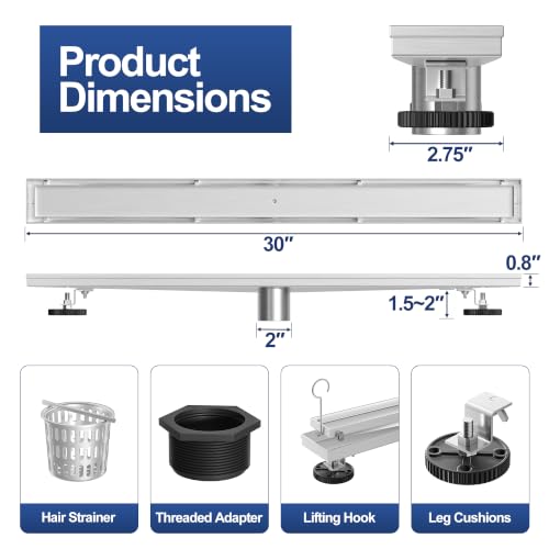 Neodrain 30-Inch Linear Shower Drain-Brushed,with Tile Insert Grate | 304 Stainless Steel, Fast Drainage, Rectangle Shower Floor Drain with Leveling Feet & Hair Strainer, Fits Bathroom, Balcony - color: Brushed, size: 30 IN