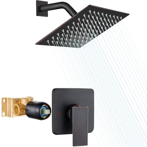 Heyalan 8 Inch Square Rain Shower Faucet Set with Valve, Oil Rubbed Bronze | Female-thread 1/2-inch NPT connections, SUS304 shower head, brass rough-in valve, single-handle control Shower Set - color: Bronze, size: 8 Inch Square Shower Head