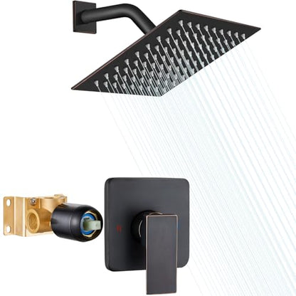 Heyalan 8 Inch Square Rain Shower Faucet Set with Valve, Oil Rubbed Bronze | Female-thread 1/2-inch NPT connections, SUS304 shower head, brass rough-in valve, single-handle control Shower Set - color: Bronze, size: 8 Inch Square Shower Head