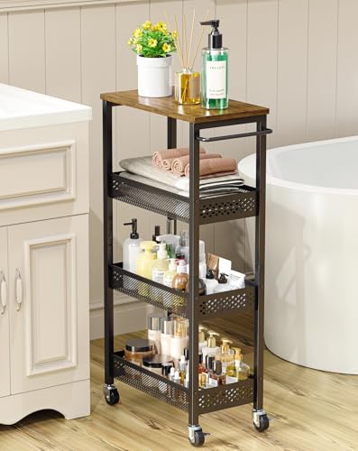 OKZEST 4-Tier Slim Rolling Storage Cart for Bathroom, Laundry Room, Kitchen | Upgraded metal hub casters, Narrow utility cart for small space/gaps, Premium wood top & metal mesh shelf, with handle & hook - color: Black, size: 9.1 Inch Wide