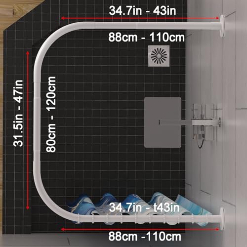 U Shower Curtain Rod Adjustable Stainless Steel U Shaped Rack Drill Free Install for Bathroom, Bathtub, Clothing Store (U Shaped White, Length on both sides:31.5"-47",Middle width:34.7"-43")