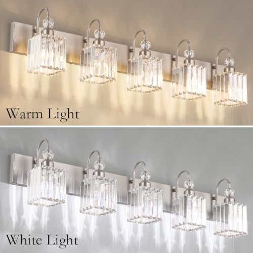Ralbay Brushed Nickel Bathroom Vanity Light Crystal Modern 5 Light Bathroom Wall Lighting Fixtures Over Mirror - color: Square-Brushed Nickel, size: 5-light